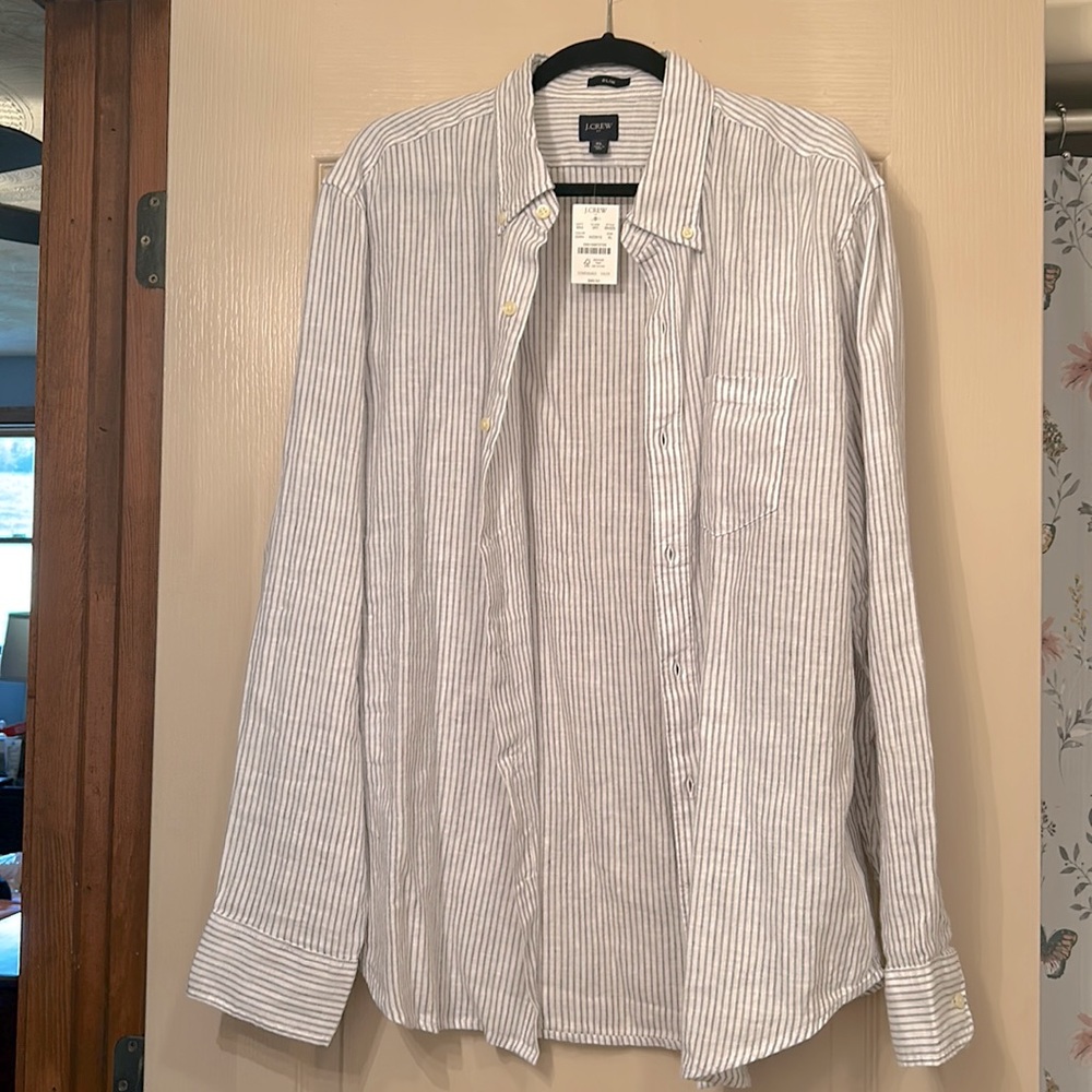 NWT J. Crew Men’s XL Slim untucked, linen, striped grey dress shirt.